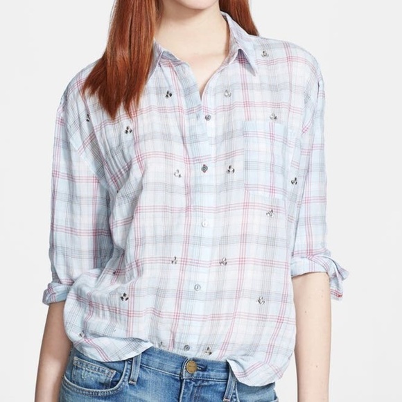 Elizabeth & James Carine Shirt Flannel Top Embellished Beaded Blue Size Small - Picture 1 of 9